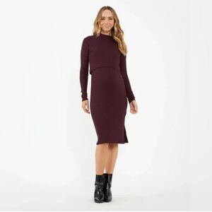 RIPE Maternity Ruby Rib Nursing Dress in Maroon Burgundy (Small)